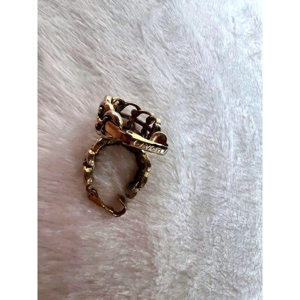Avon Vintage Clip On J Hoop Earrings‎ Gold Tone Openwork Scroll Rope Baroque 80s